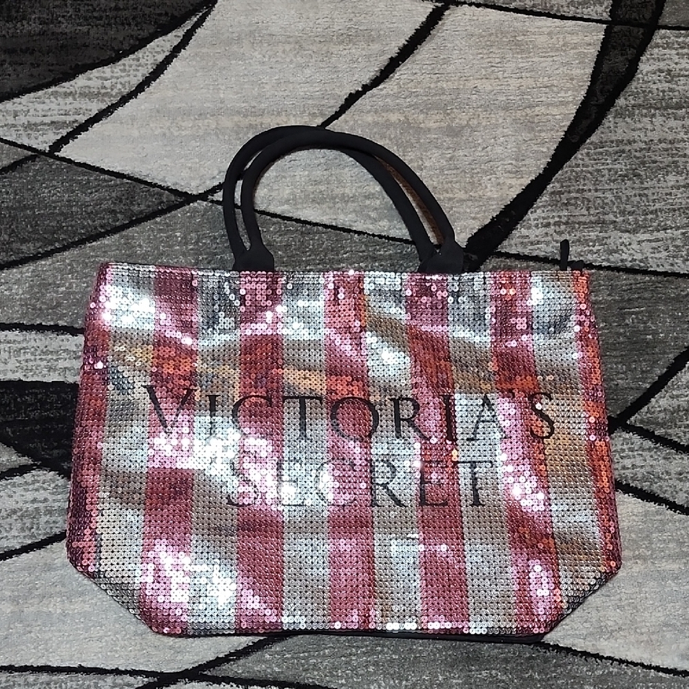 VICTORIA SECRET PINK & SILVER SEQUINS SIGNATURE STRIPED CANVAS SHOULDER TOTE BAG